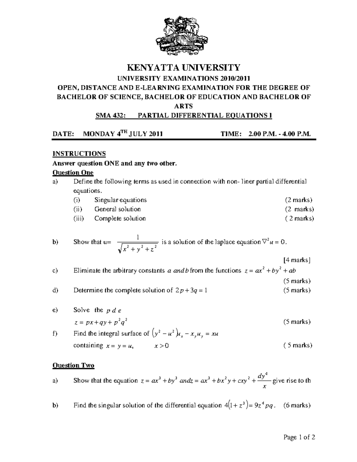 SMA 432: Partial Differential Equations Exam Paper - July 2011 - Studocu
