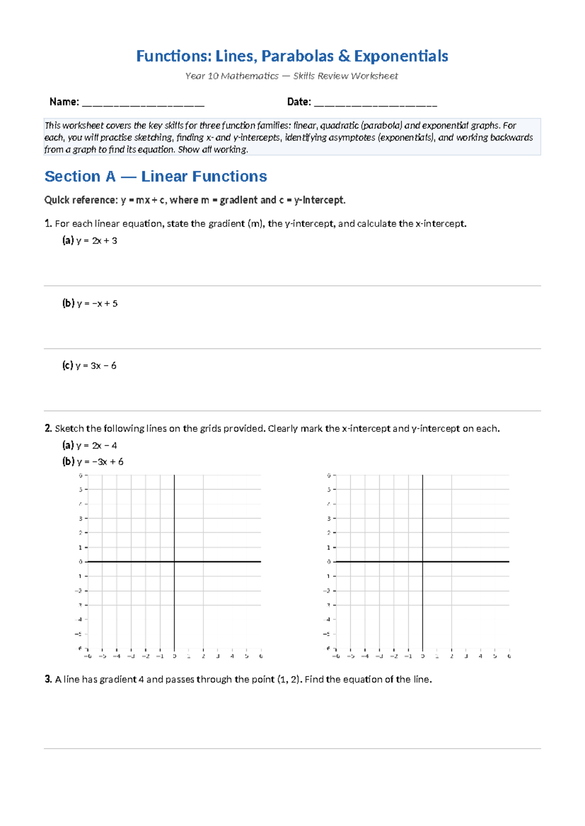 Year 10 Mathematics: Functions Worksheet on Lines, Parabolas ...