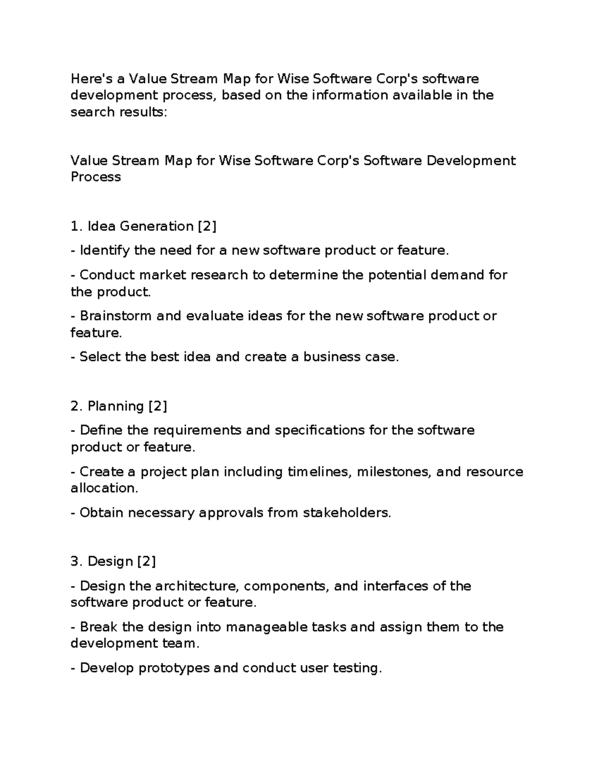 Value Stream Map for Software Dev Process at Wise Software Corp - Studocu