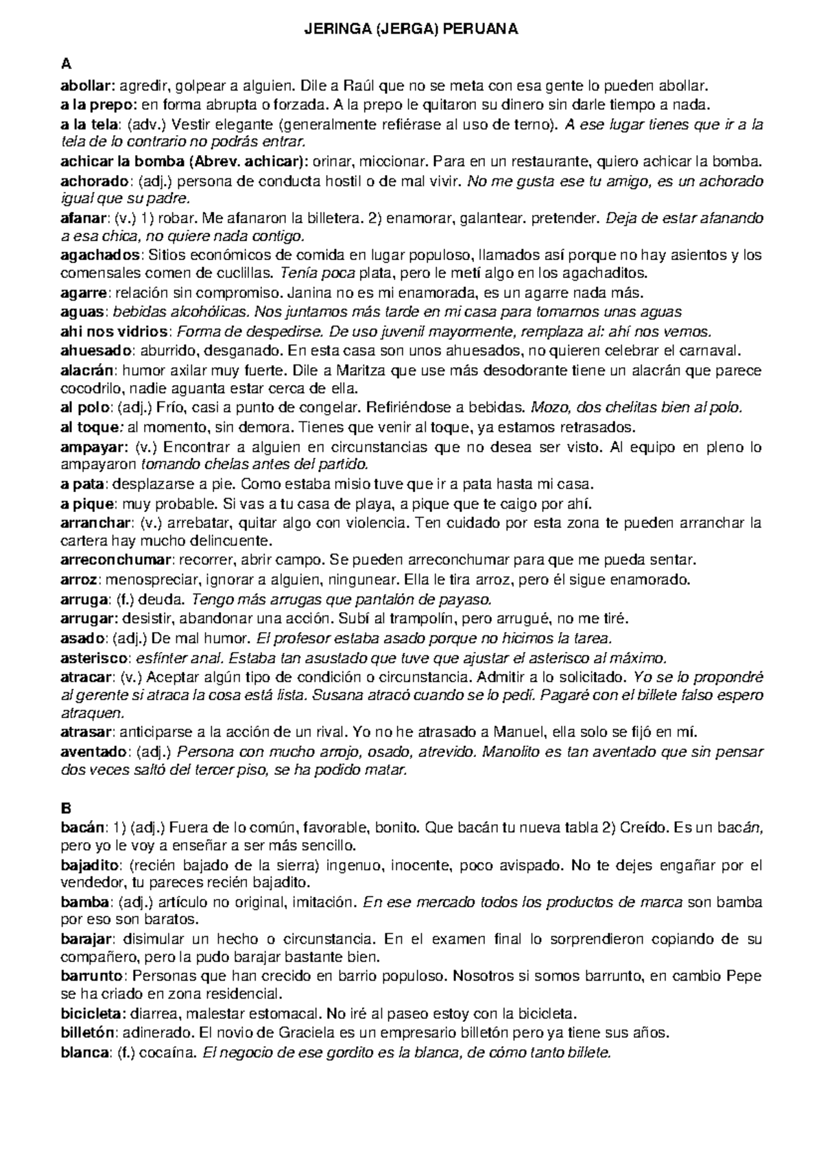 Glosario de Jergas Peruanas: Términos y Definiciones Esenciales - Studocu