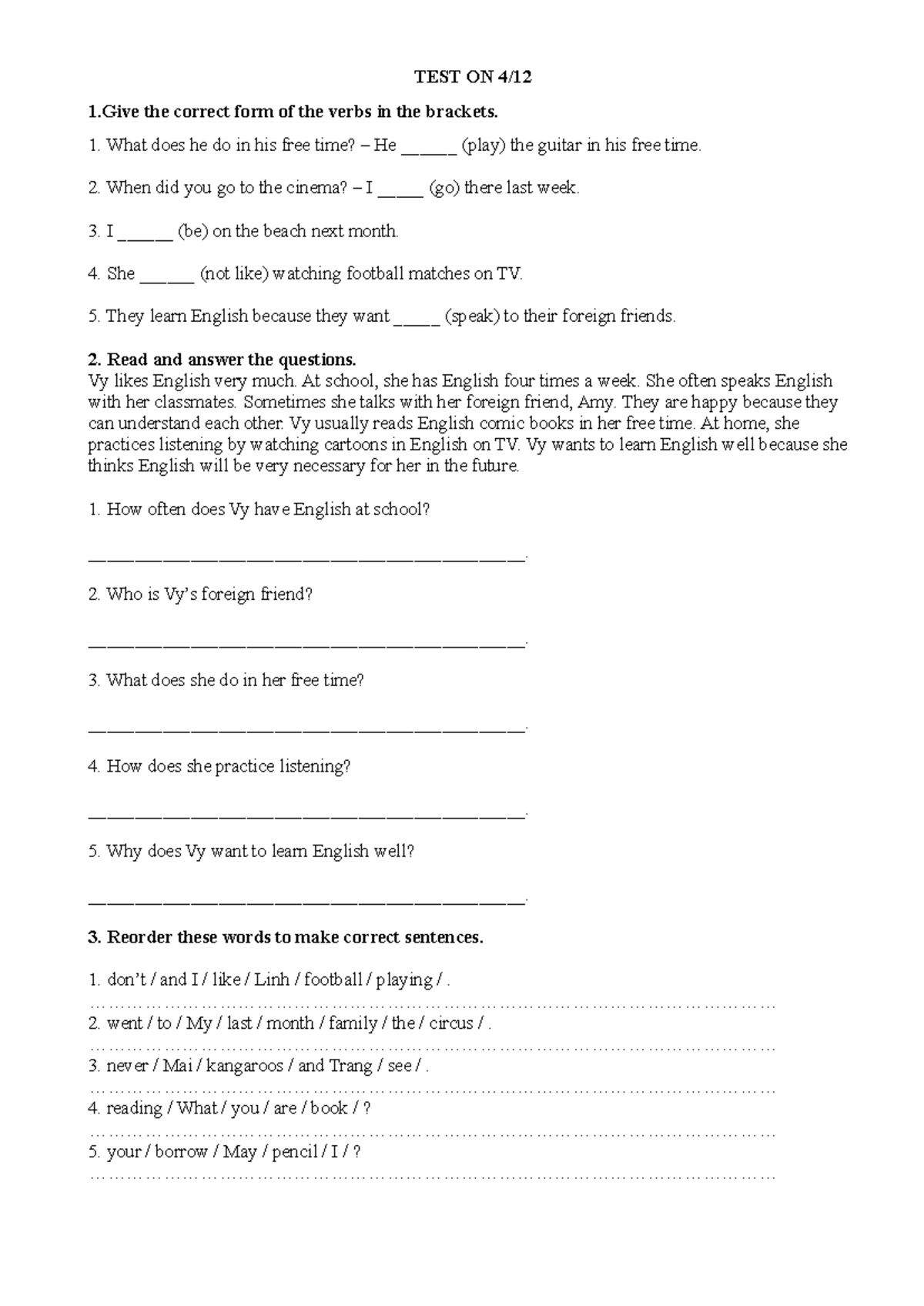 Test 4 - English Verb Forms and Sentence Structure Exercises - Studocu