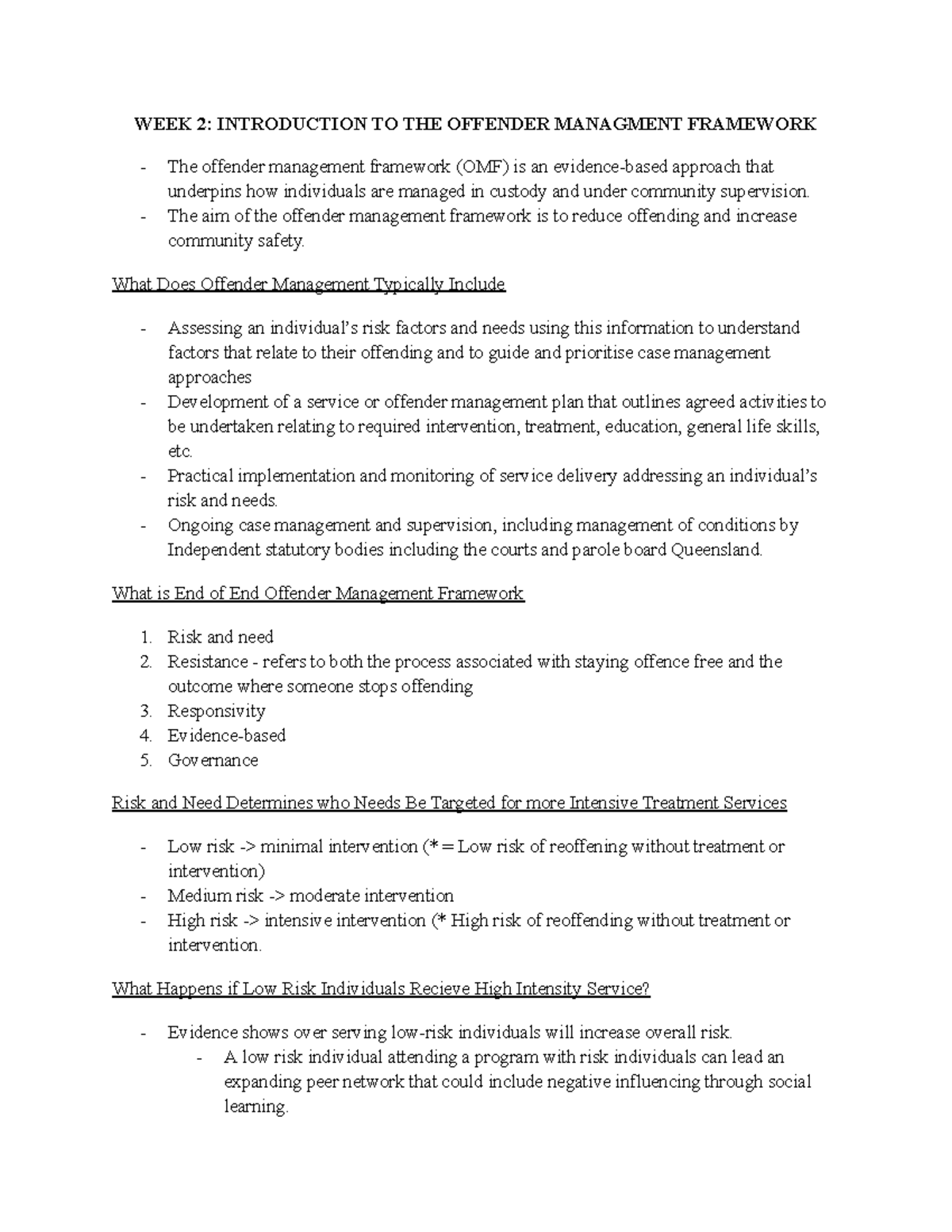 COU364 WEEK 2 Introduction TO THE Offender Management Framework - WEEK ...