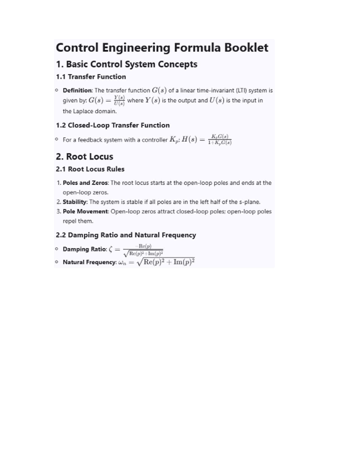 Control Engineering Formula Booklet: Key Concepts & Definitions - Studocu