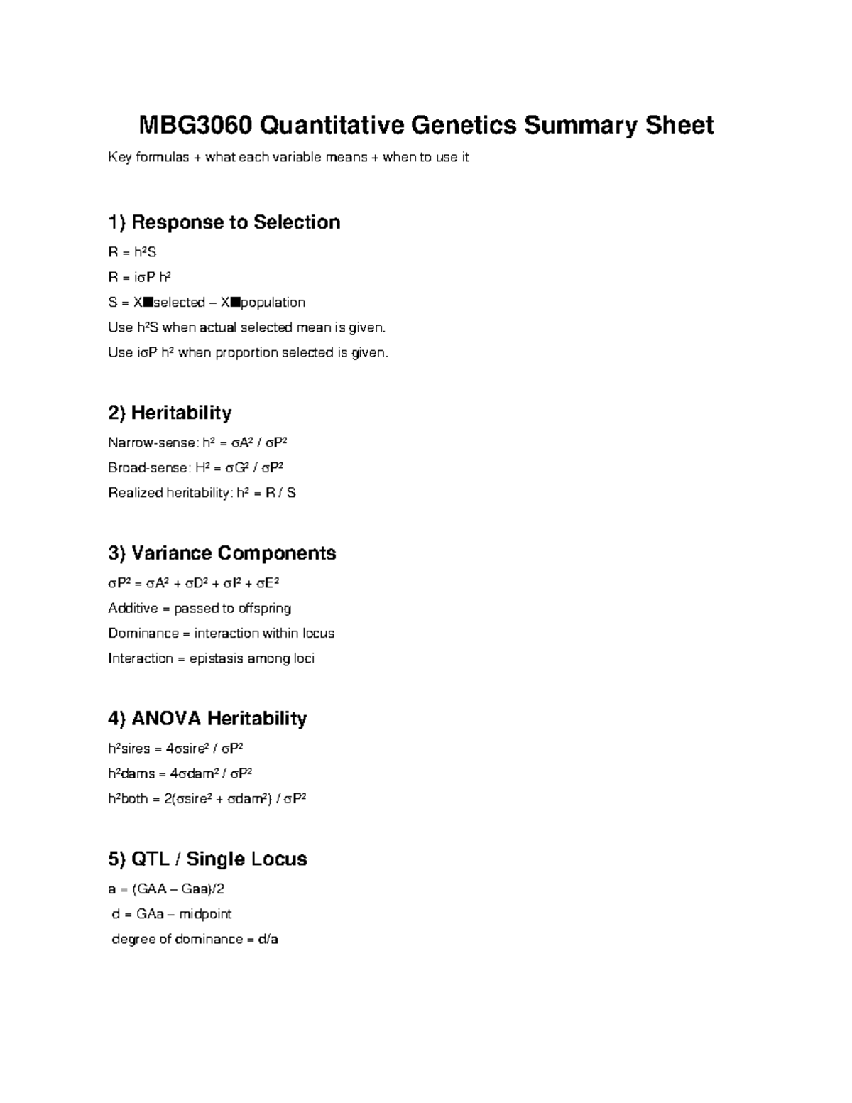 MBG3060 Quantitative Genetics Formula Summary Sheet - Studocu