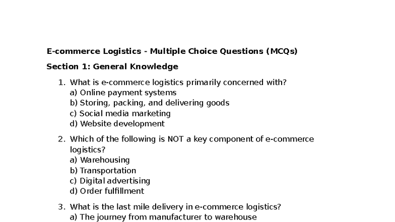 Logistics MCQs (Course Code: LOG101) - General Knowledge & Trends - Studocu