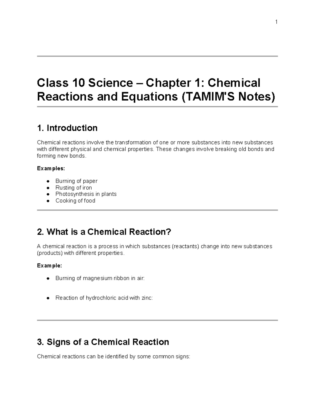 Class 10 Science Chapter 1: Chemical Reactions & Equations Notes - Studocu