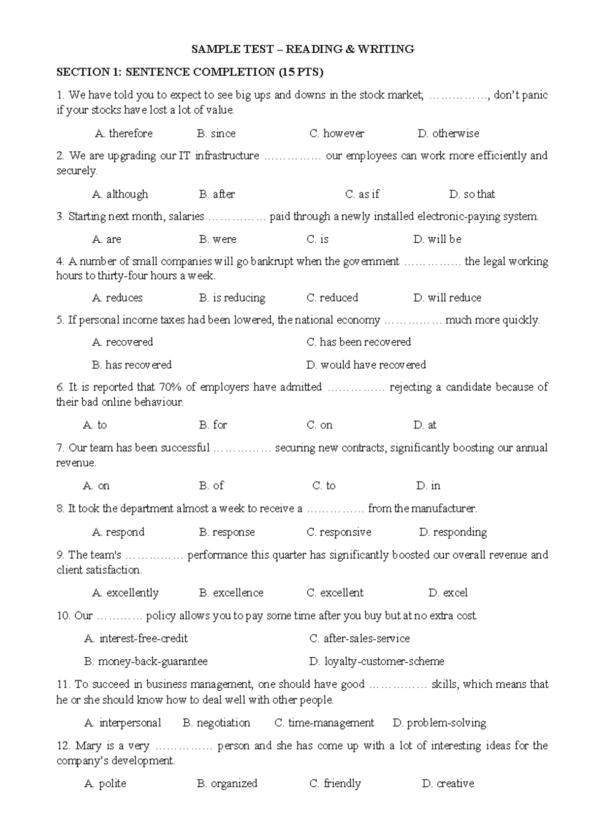Sample Reading & Writing Test (Practice) for Students - Studocu