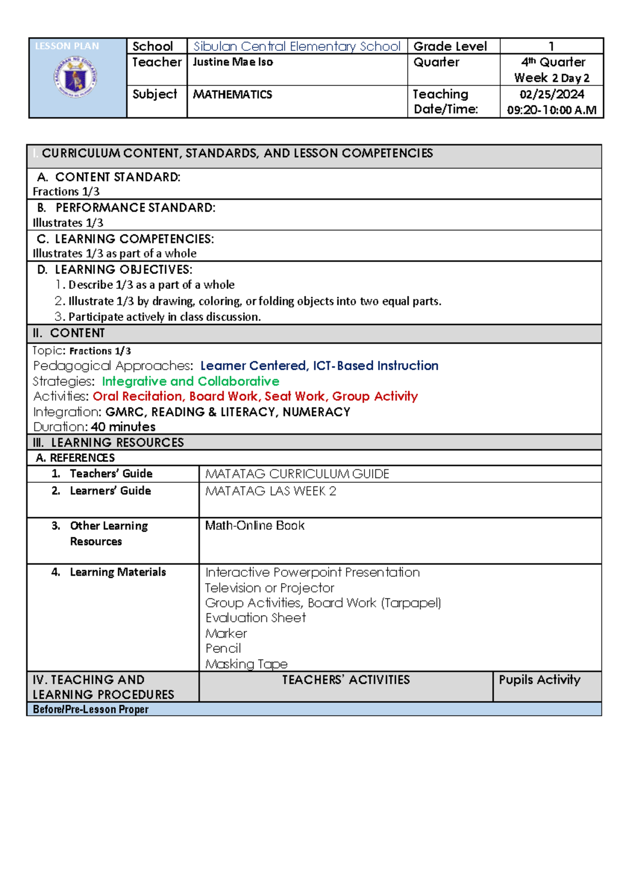 Lesson-PLAN -Mathematics WEEK 2 DAY 2 - LESSON PLAN School Sibulan ...