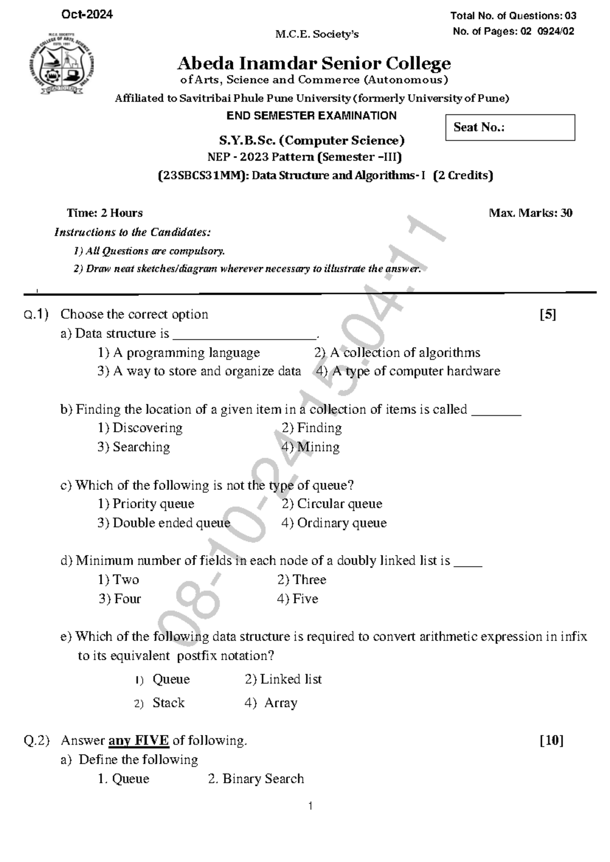 S.Y.B.Sc. (CS) 23SBCS31MM End Sem Exam: Data Structures Q&A - Studocu