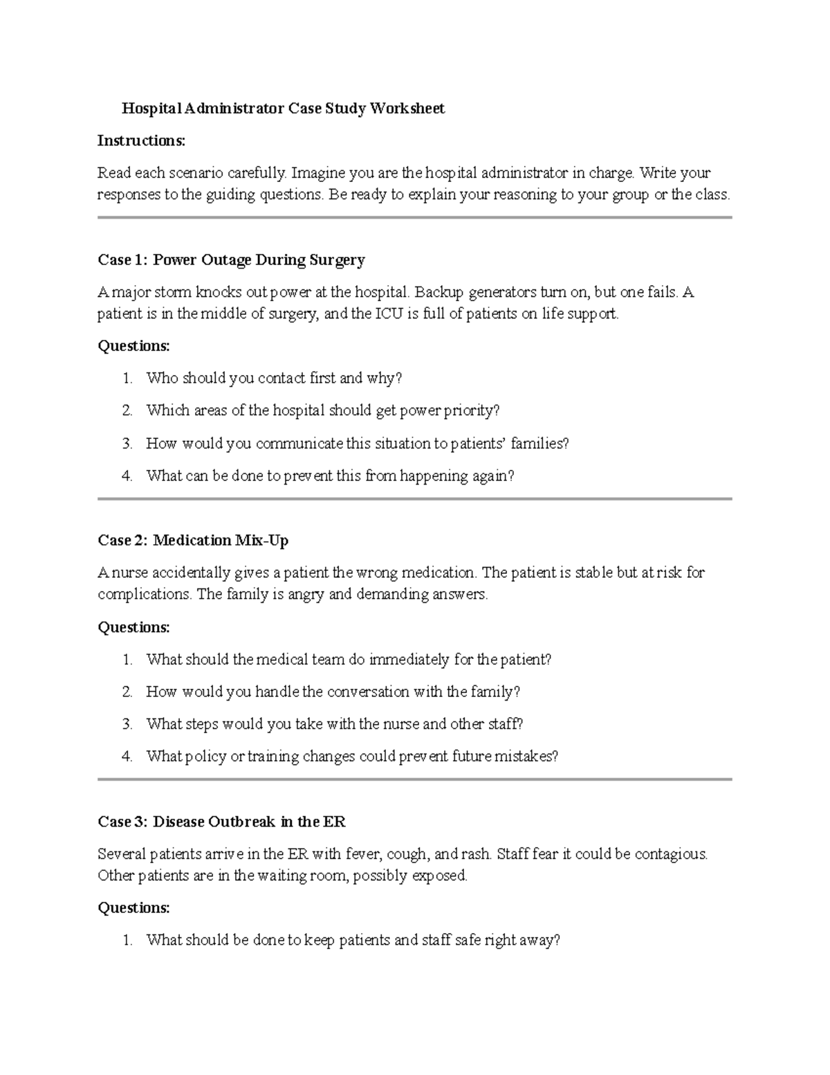 Hospital Admin Case Study Worksheet: Crisis Management Scenarios - Studocu