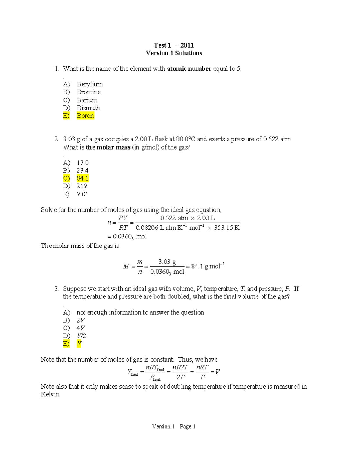CHEM 1A03 Midterm #1 2011 - Solutions and Answers - Studocu