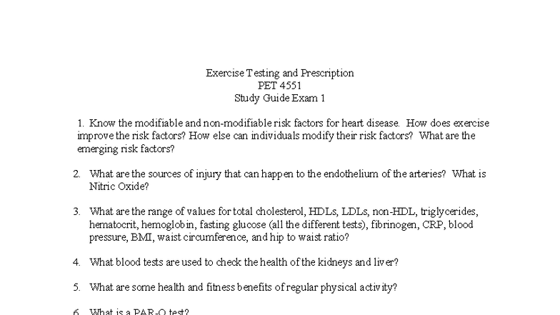 PET 4551 Study Guide: Exercise Testing & Prescription Exam 1 Fall 2025 ...