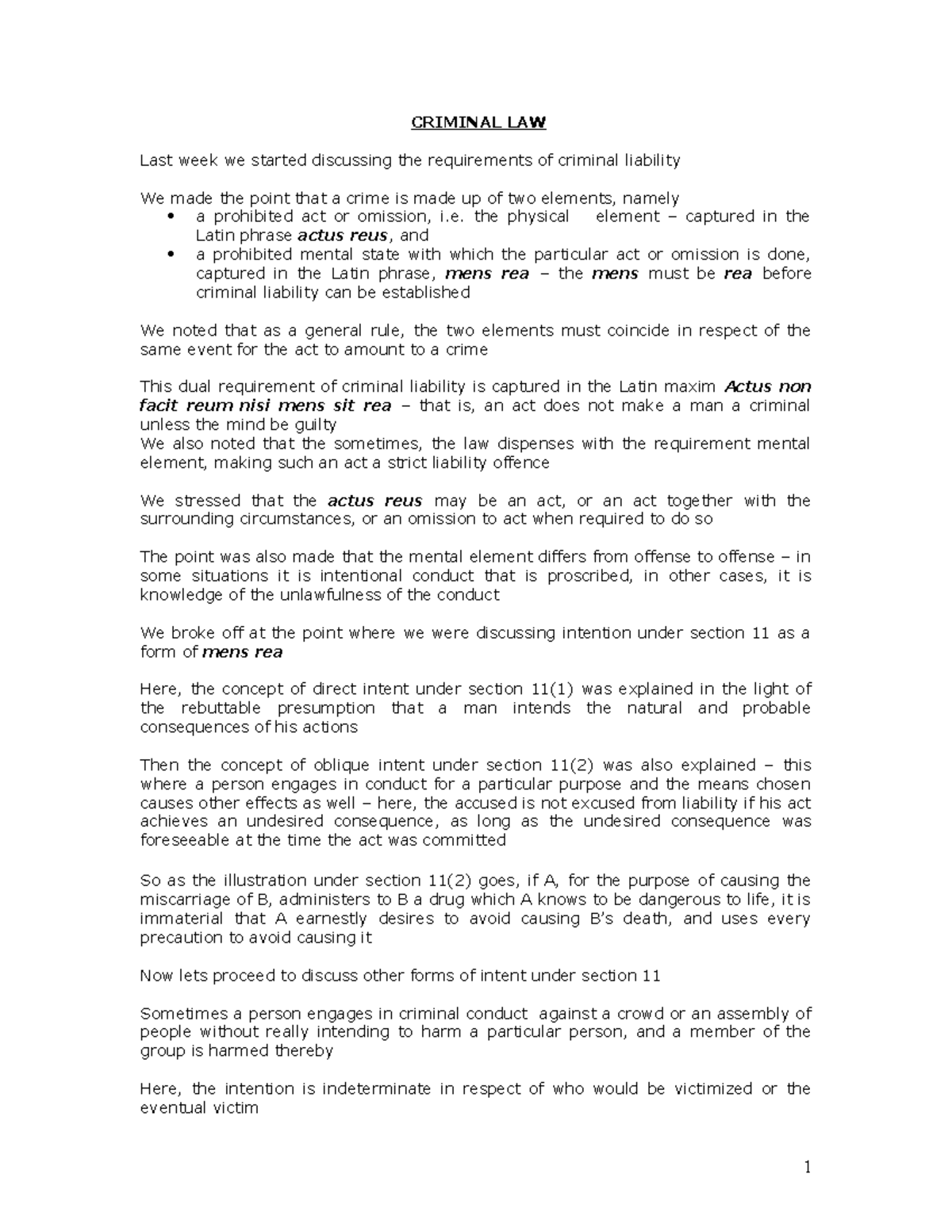 GHA CRIMINAL LAW Notes: Key Elements of Criminal Liability and Intent - Document Preview