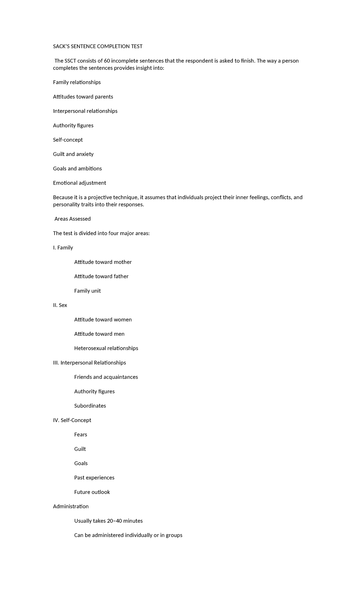 SENTENCE COMPLETION TEST (SSCT) Overview and Administration Guide - Studocu