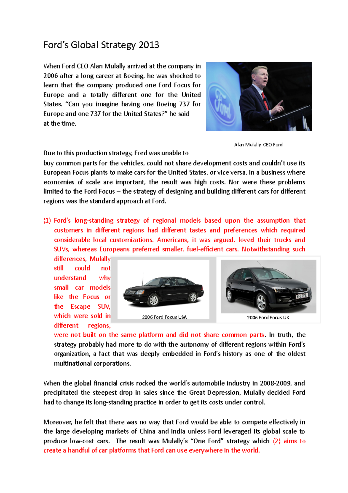 Ford's Global Strategy 2013: Transitioning to 'One Ford' Model - Studocu