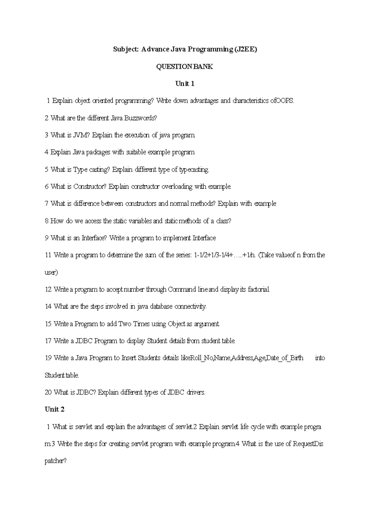 JAVA Questioins - java question - Subject: Advance Java Programming ...