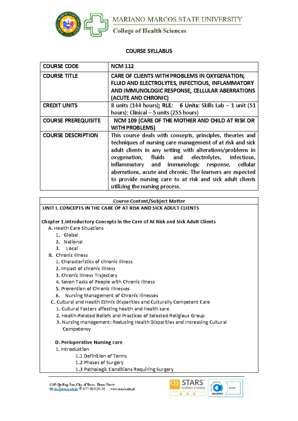 Ms - psoqosiwjsiwisiiwisis - COURSE SYLLABUS COURSE CODE NCM 112 COURSE ...