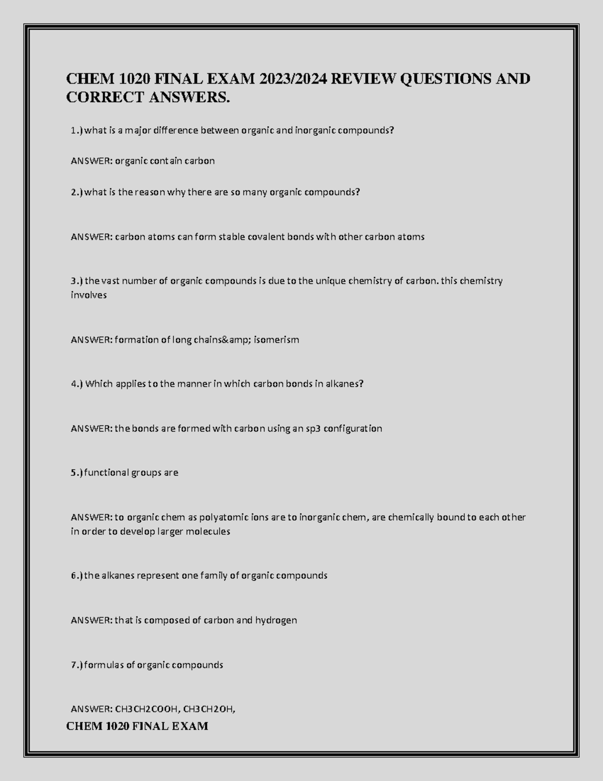 CHEM 1020 FINAL EXAM REVIEW: KEY QUESTIONS & ANSWERS - Studocu