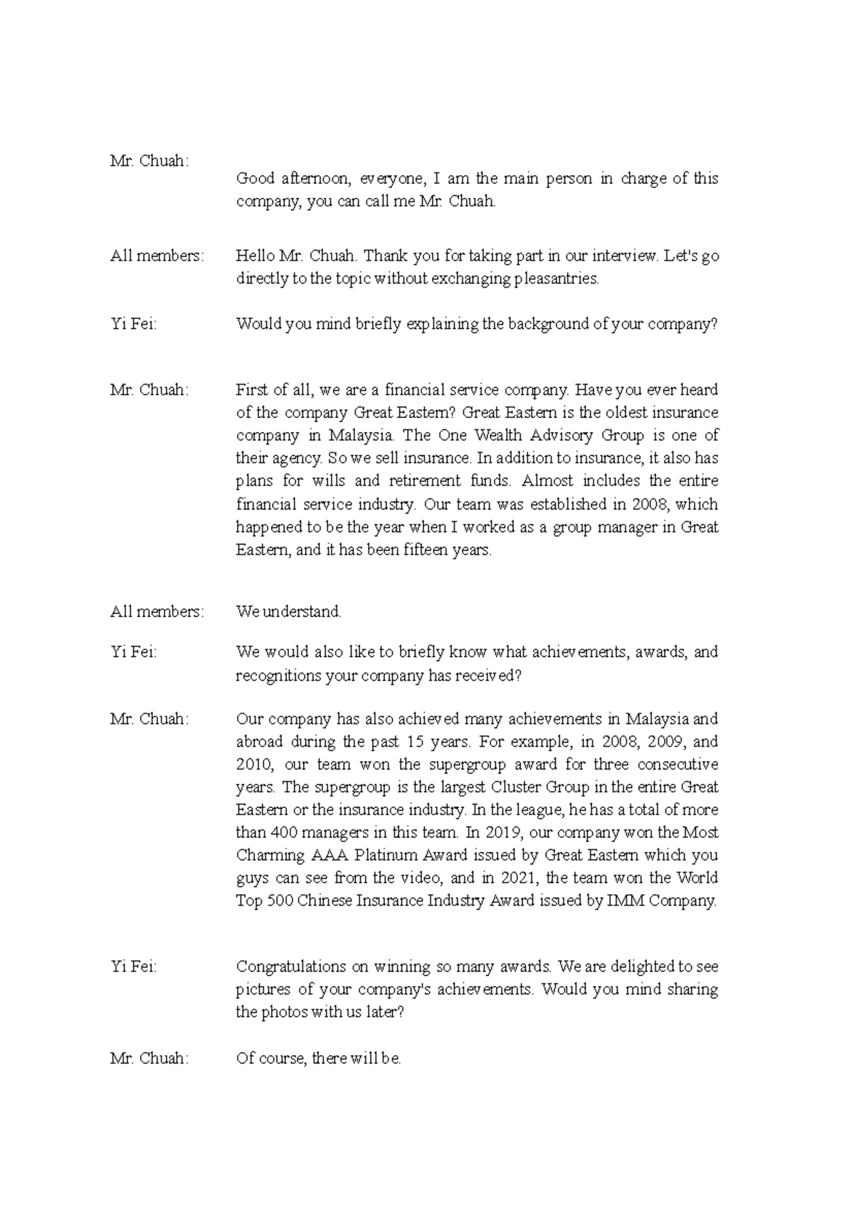 Business Communication - Interview Transcript with Mr. Chuah - Studocu