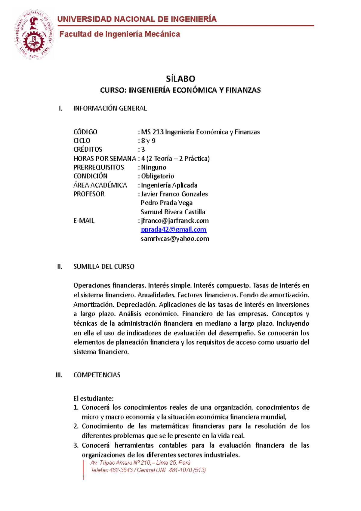 Sílabo del Curso MS 213: Ingeniería Económica y Finanzas - Document Preview