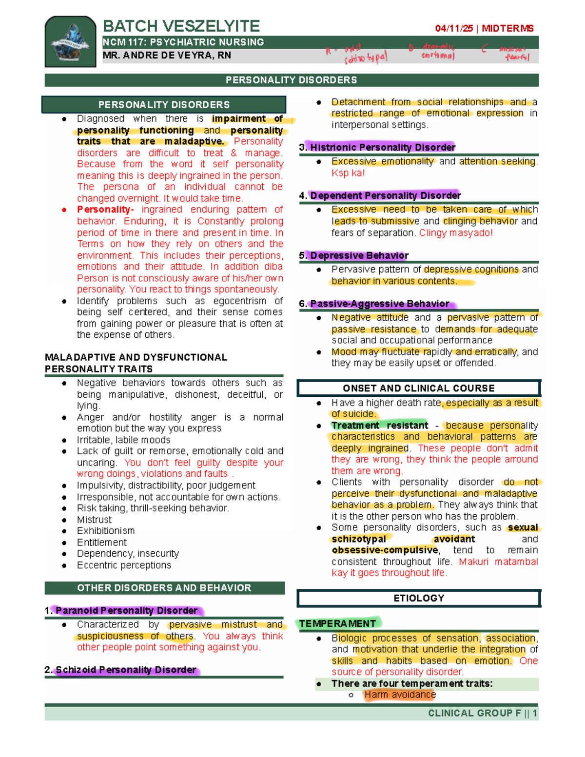 Midterm Study Notes on Personality Disorders - NCM 117 - Studocu