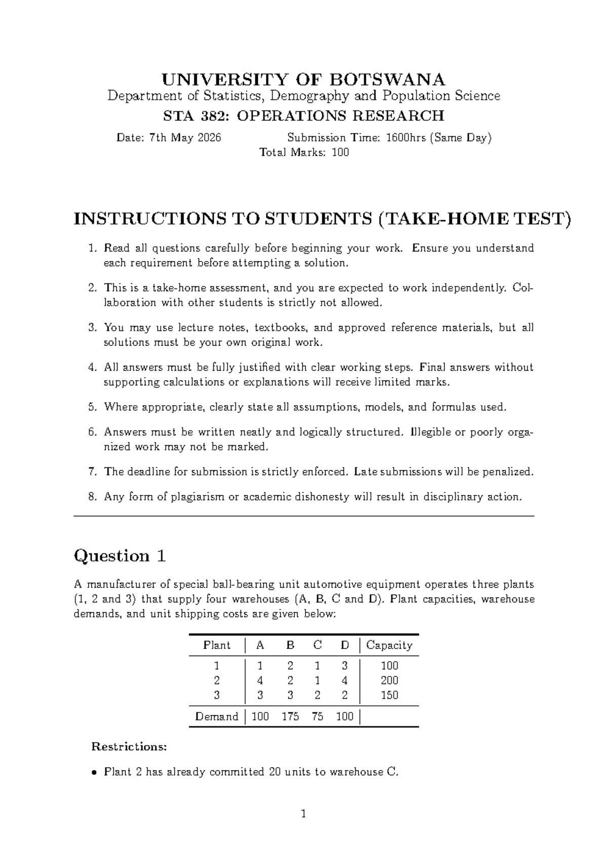 STA 382: Operations Research Final Exam - Test Paper 4 - Studocu