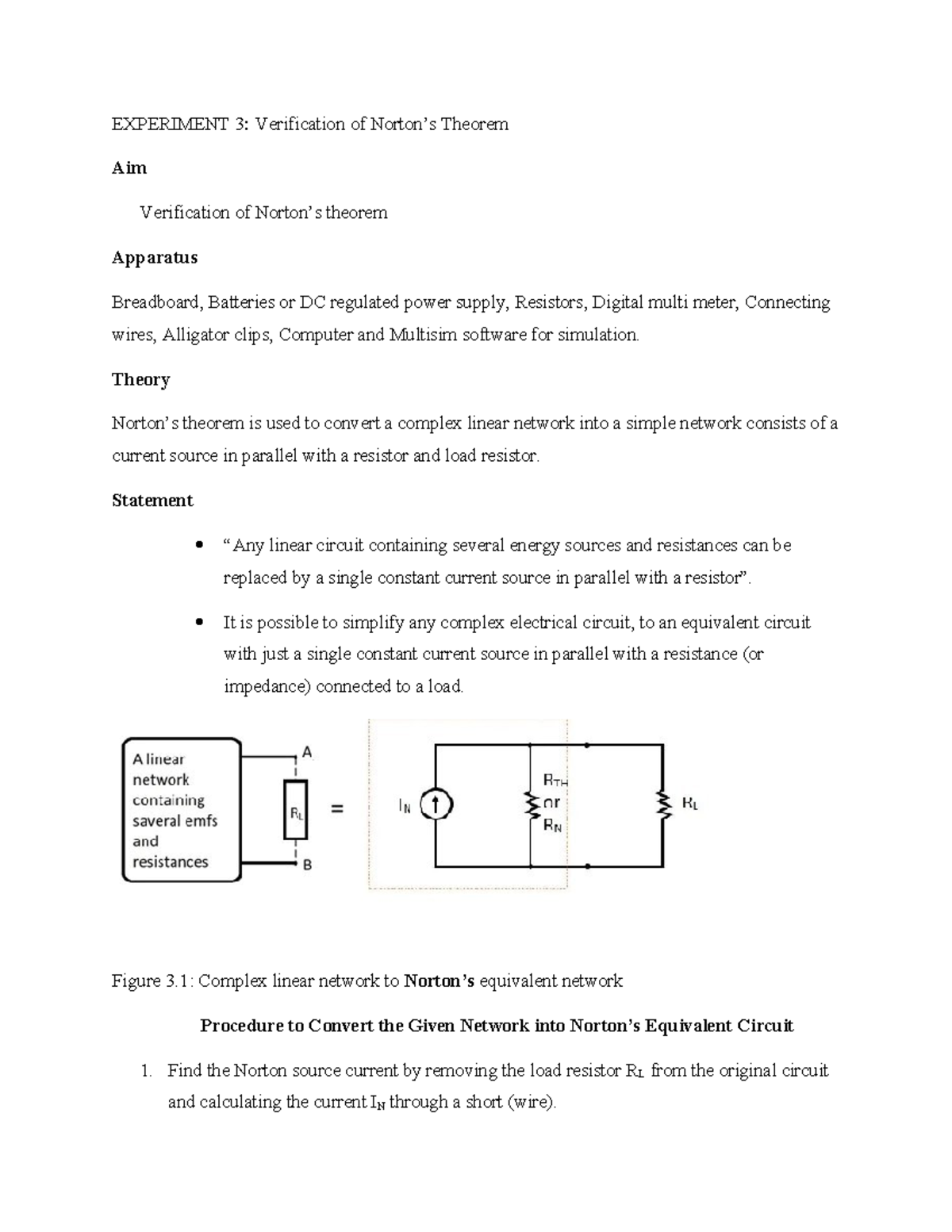 Experiment 3: Verification of Norton’s Theorem - Studocu
