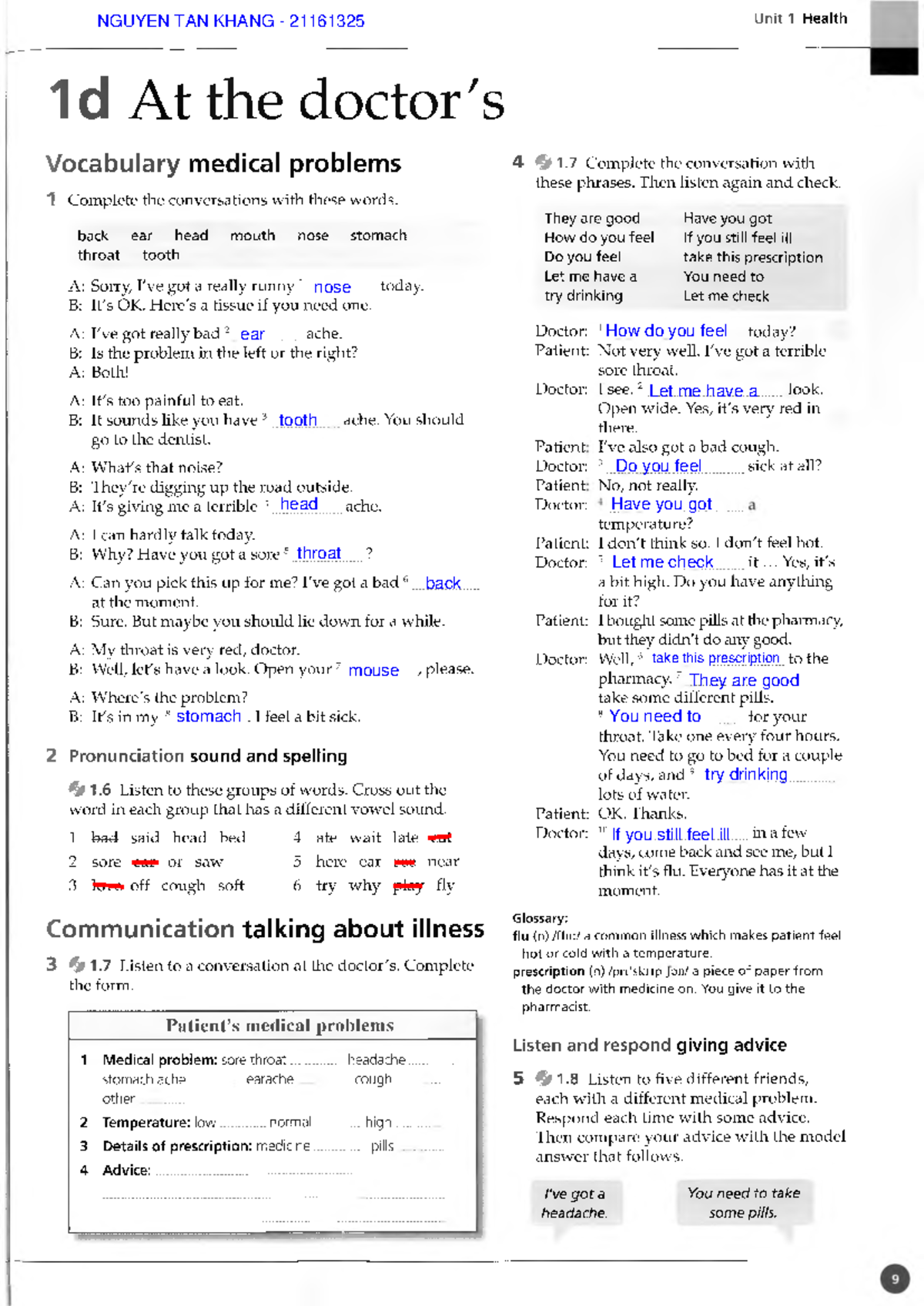 Unit 1D Medical Vocabulary & Conversations - NGUYEN TAN KHANG 21161325 ...