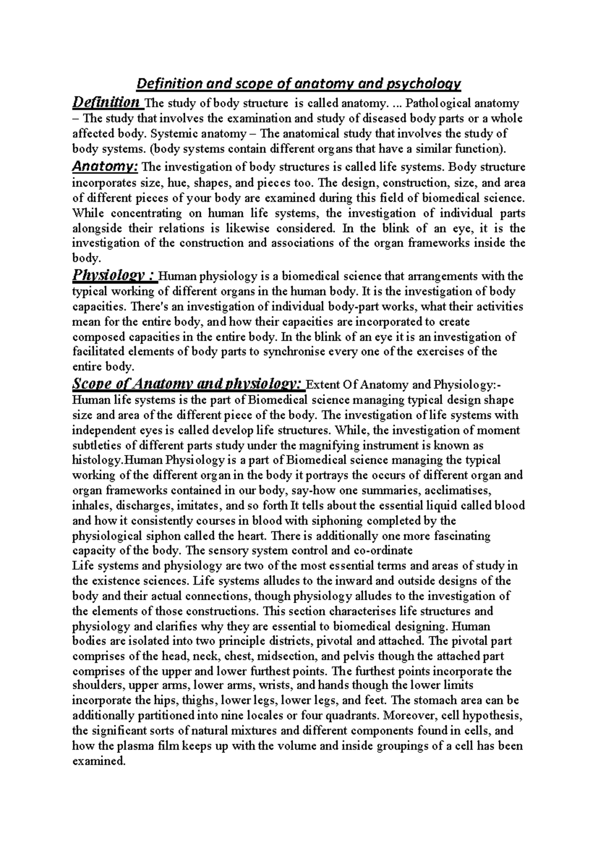 Anatomy and Psychology: Definitions & Scope Overview - Studocu