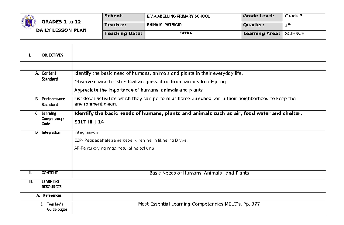 Science Lesson Plan: Basic Needs of Humans, Animals, and Plants (Grade ...