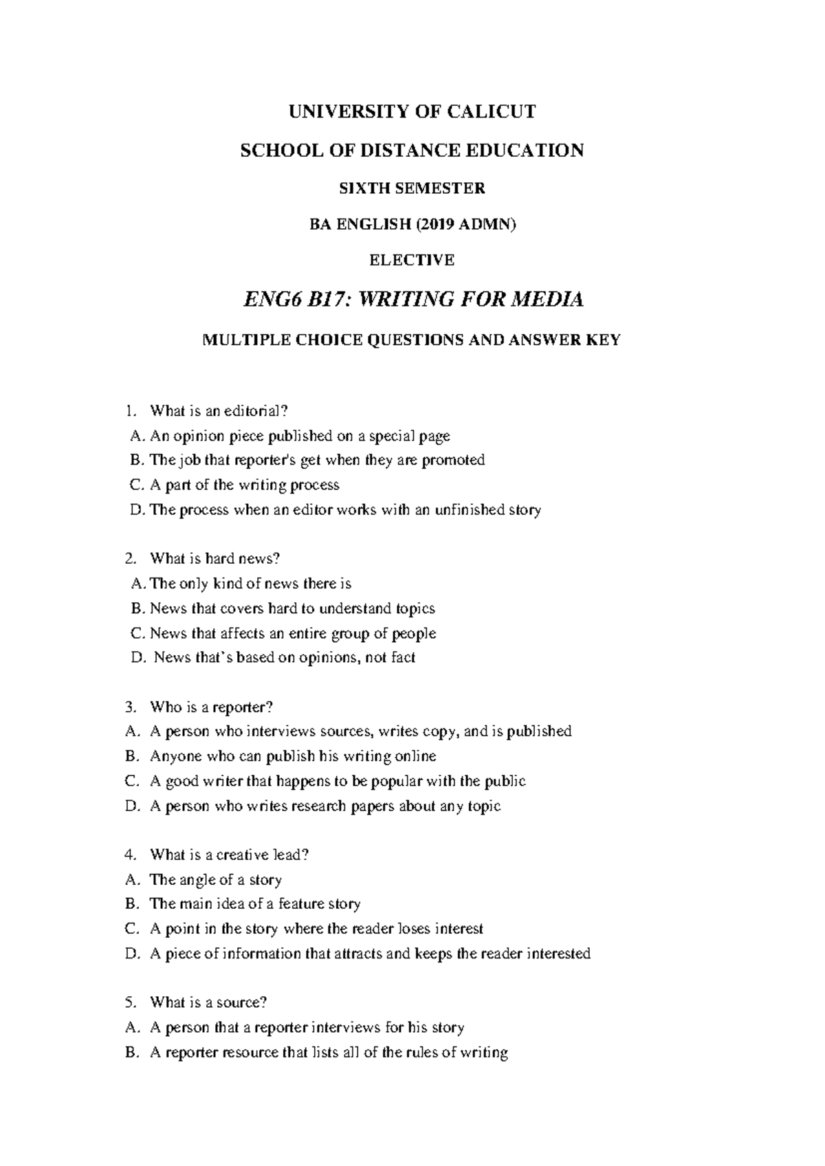 ENG6 B17: Writing for Media - Multiple Choice Questions & Answer Key ...