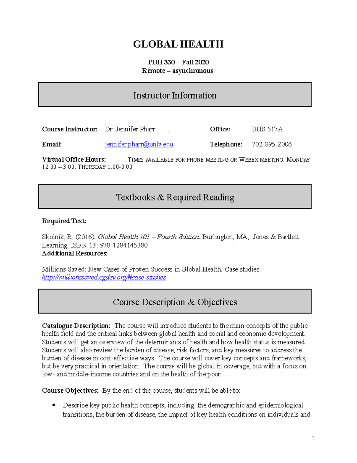 PBH 330 - Fall 2020 Global Health Course Syllabus and Overview - Studocu