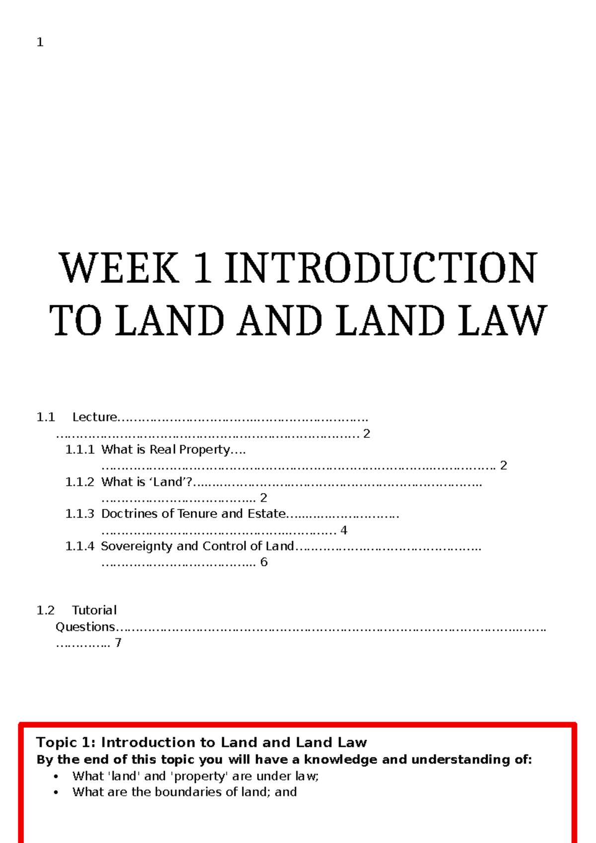 LLB301 Week 1: Intro to Land Law & Property Rights Overview - Studocu