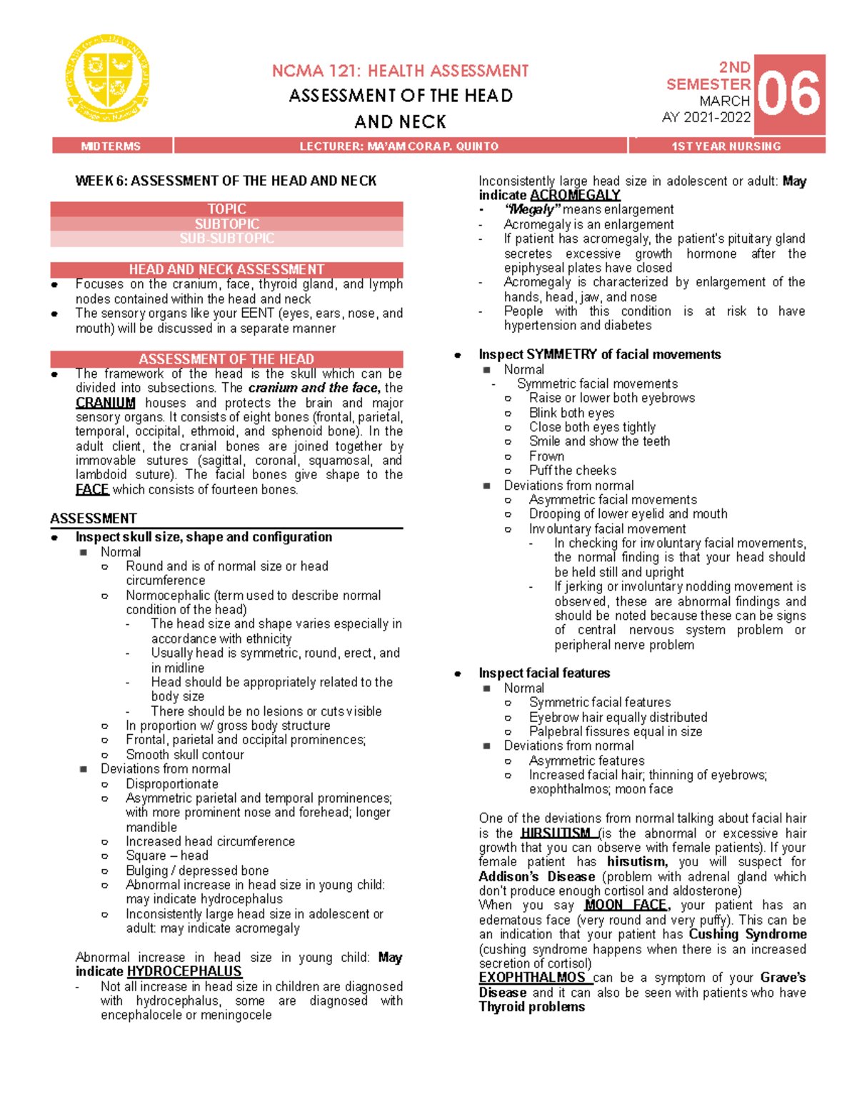 NCMA 121: Midterm Assessment of Head and Neck - Week 6 Notes - Studocu