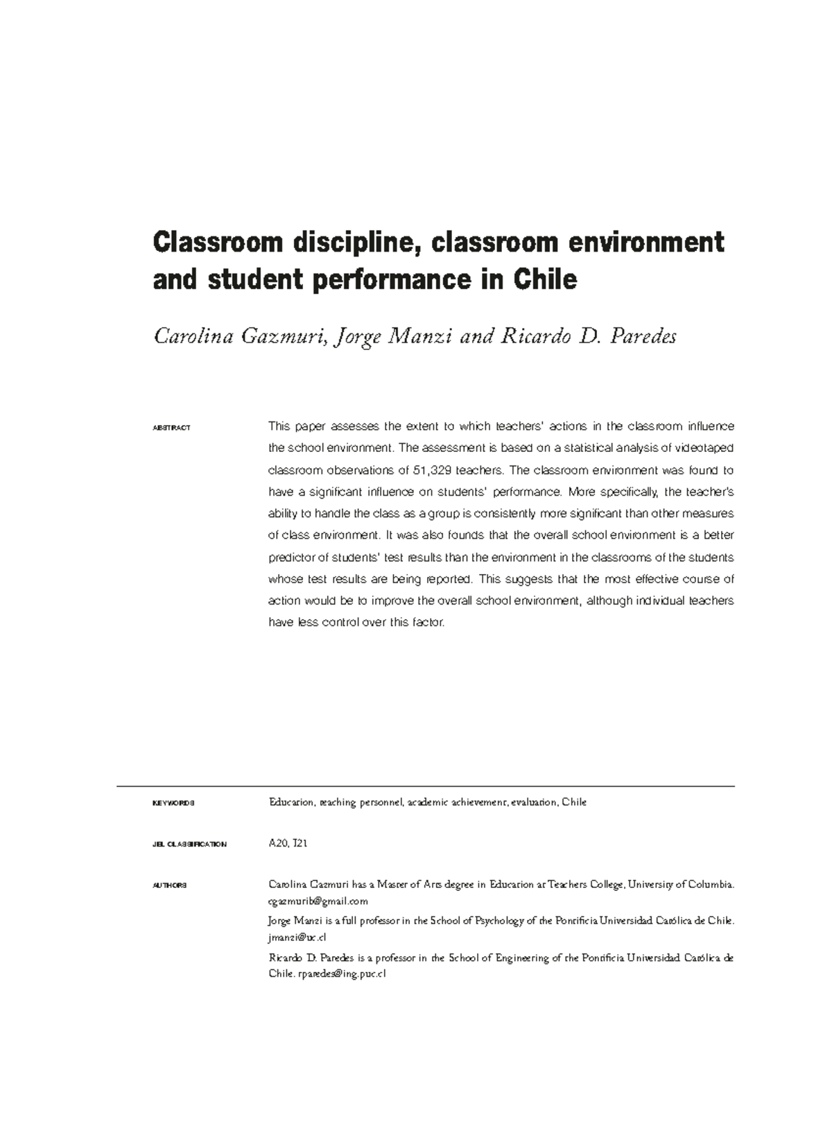 Classroom Discipline & Environment Impact on Student Perf. in Chile ...