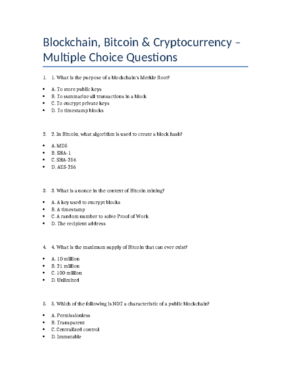 BTC 101: Blockchain & Cryptocurrency MCQs for Exam Preparation - Studocu