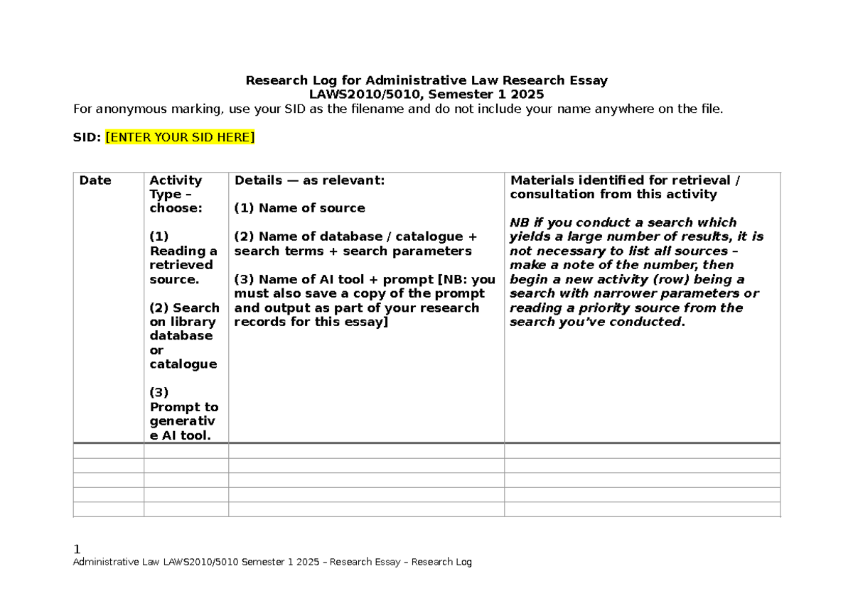 Research Log for Admin Law Research Essay - Sem 1 2025 - Studocu