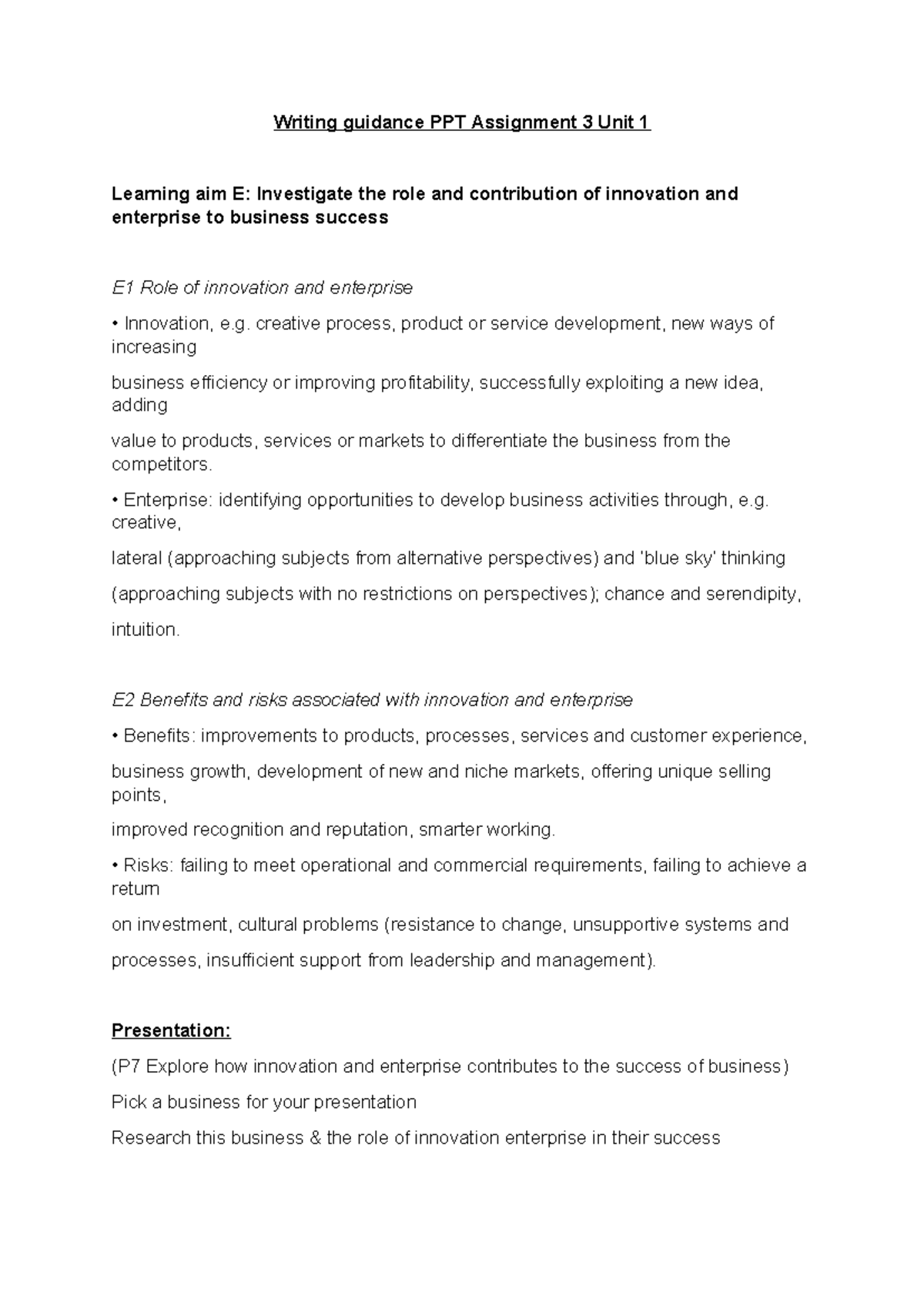 PPT Assignment 3: Innovation & Enterprise in Business Success (Unit 1 ...