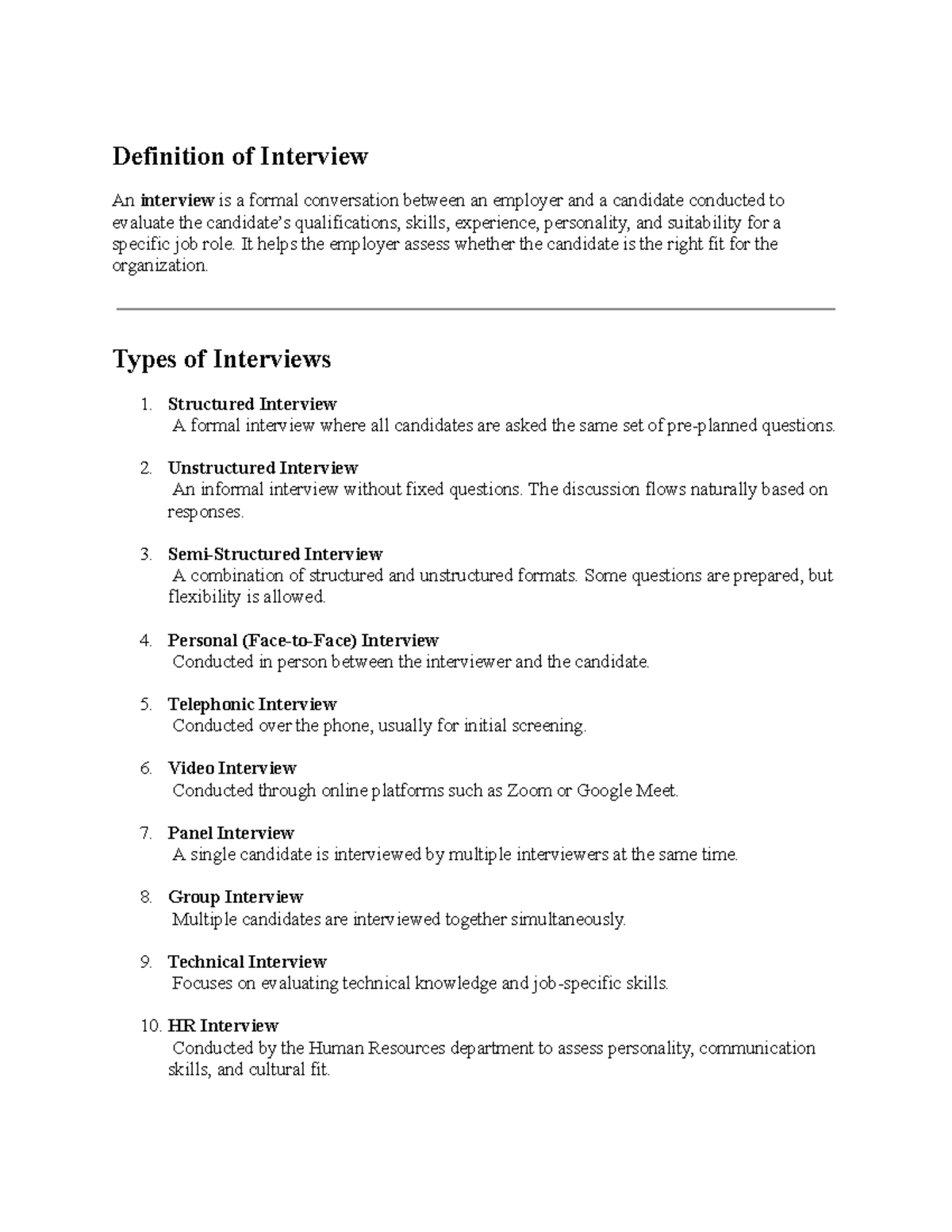 Types of Interviews: A Comprehensive Guide - Studocu
