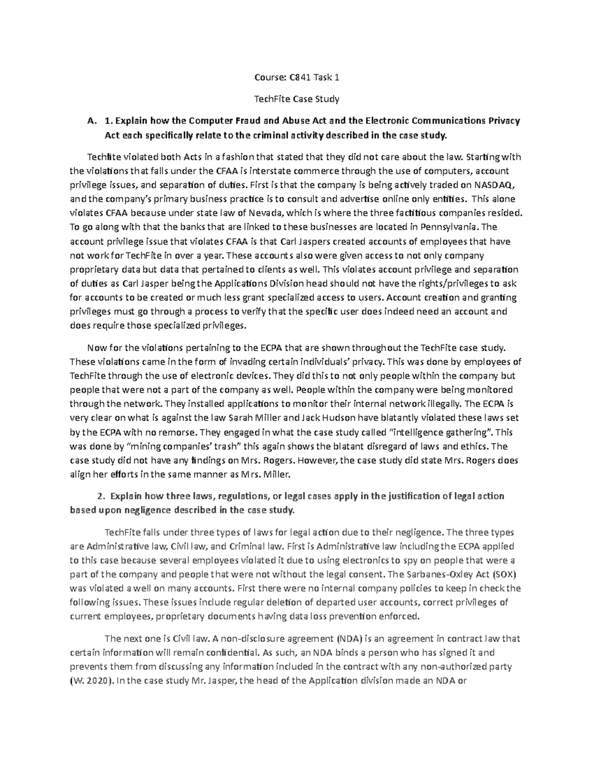 Task 2 Final - task 2 - C841 Task 2 Techfite Case Study Western ...