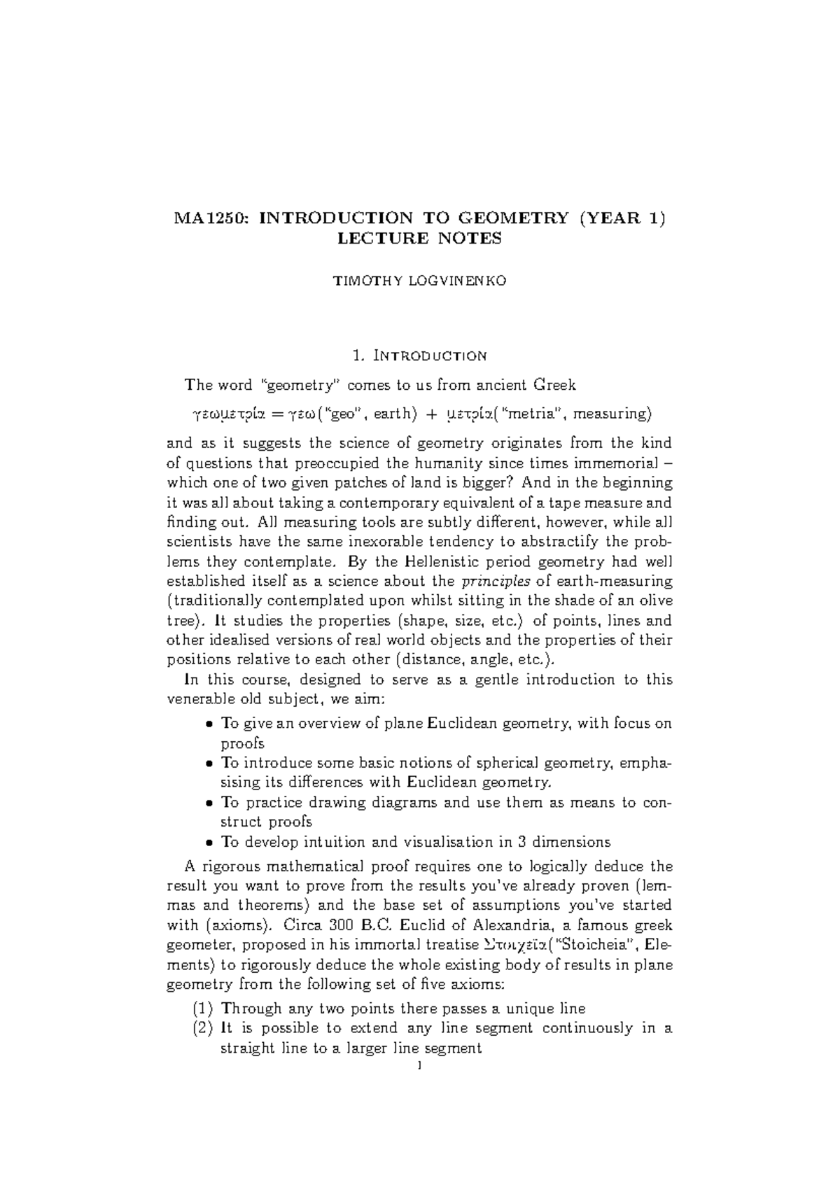 MA1250: Final Lecture Notes on Introduction to Geometry - Studocu