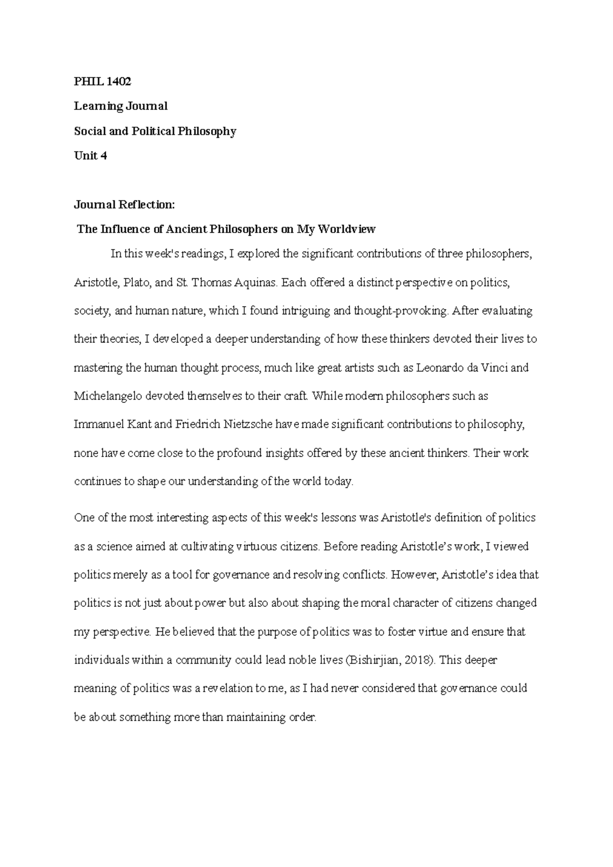 PHIL 1402 Learning Journal Reflection: Unit 4 on Ancient Philosophers ...