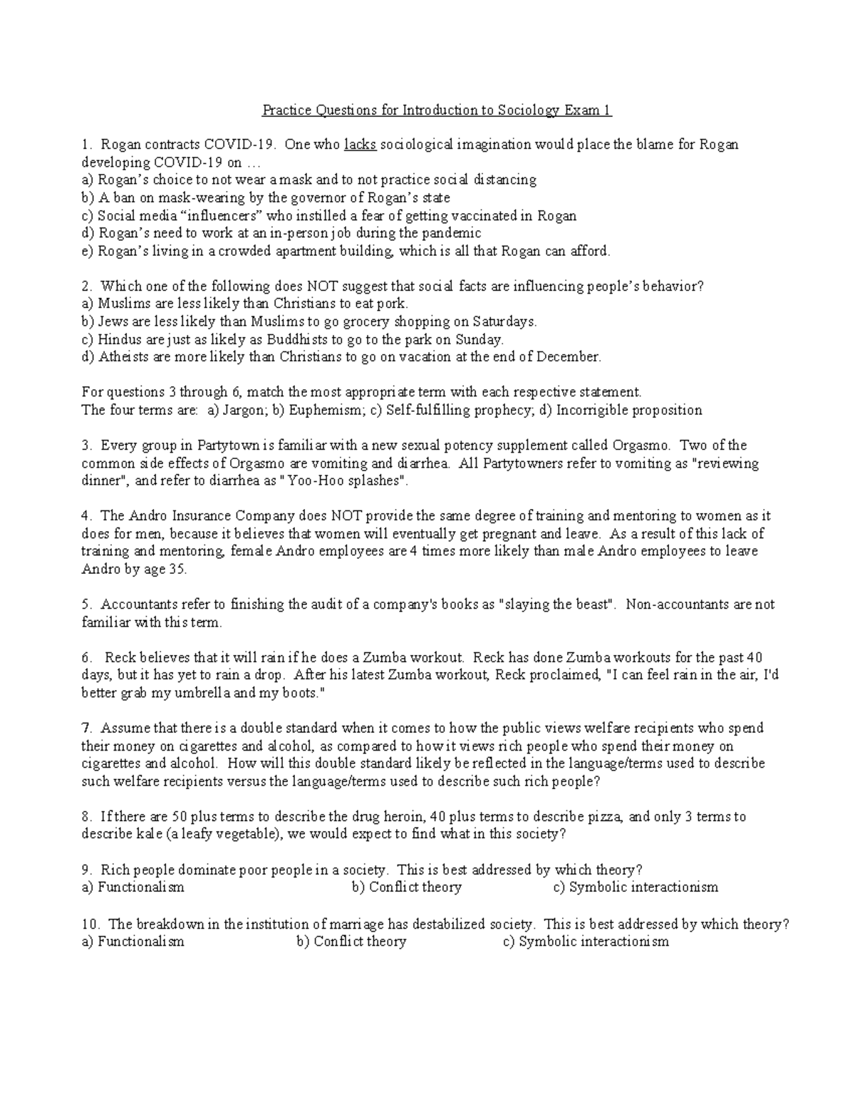 Practice Questions for SOC 101: Introduction to Sociology Exam 1 - Studocu