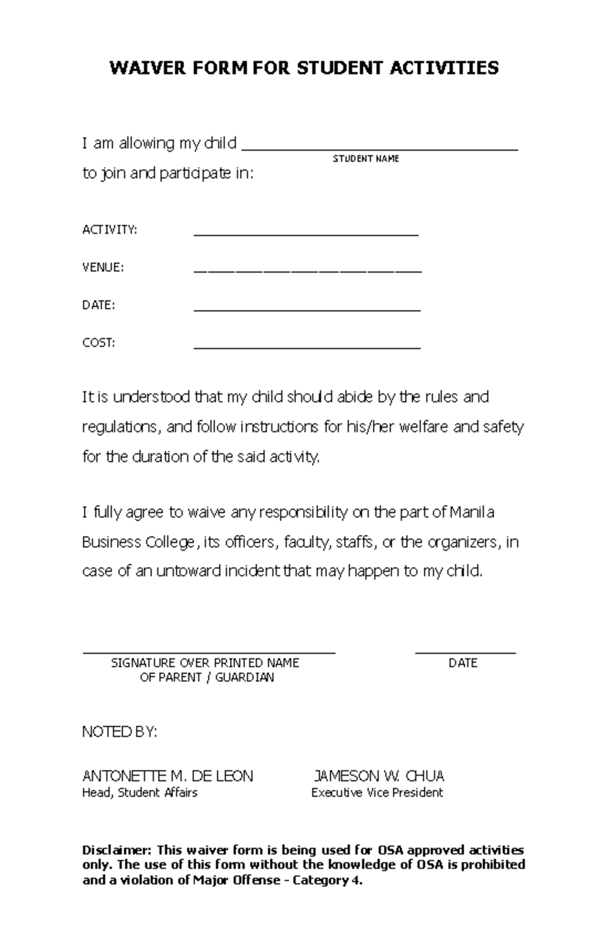 Template - Waiver Form - WAIVER FORM FOR STUDENT ACTIVITIES I am ...