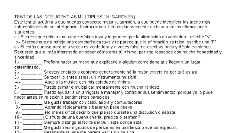 TEST DE LAS INTELIGENCIAS MÚLTIPLES (H. GARDNER) - Autoevaluación - Studocu