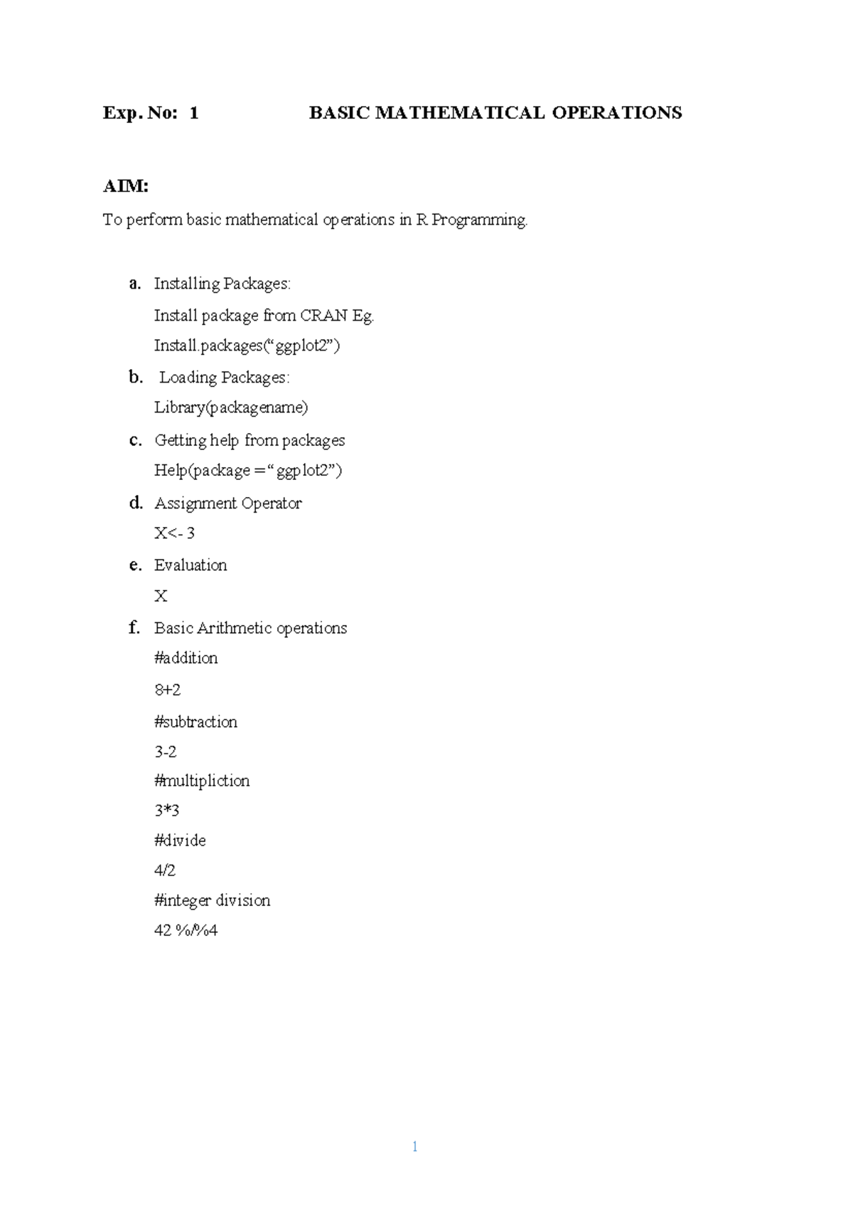 Exp 1 & 2: Basic Mathematical Operations and Data Structures in R - Studocu