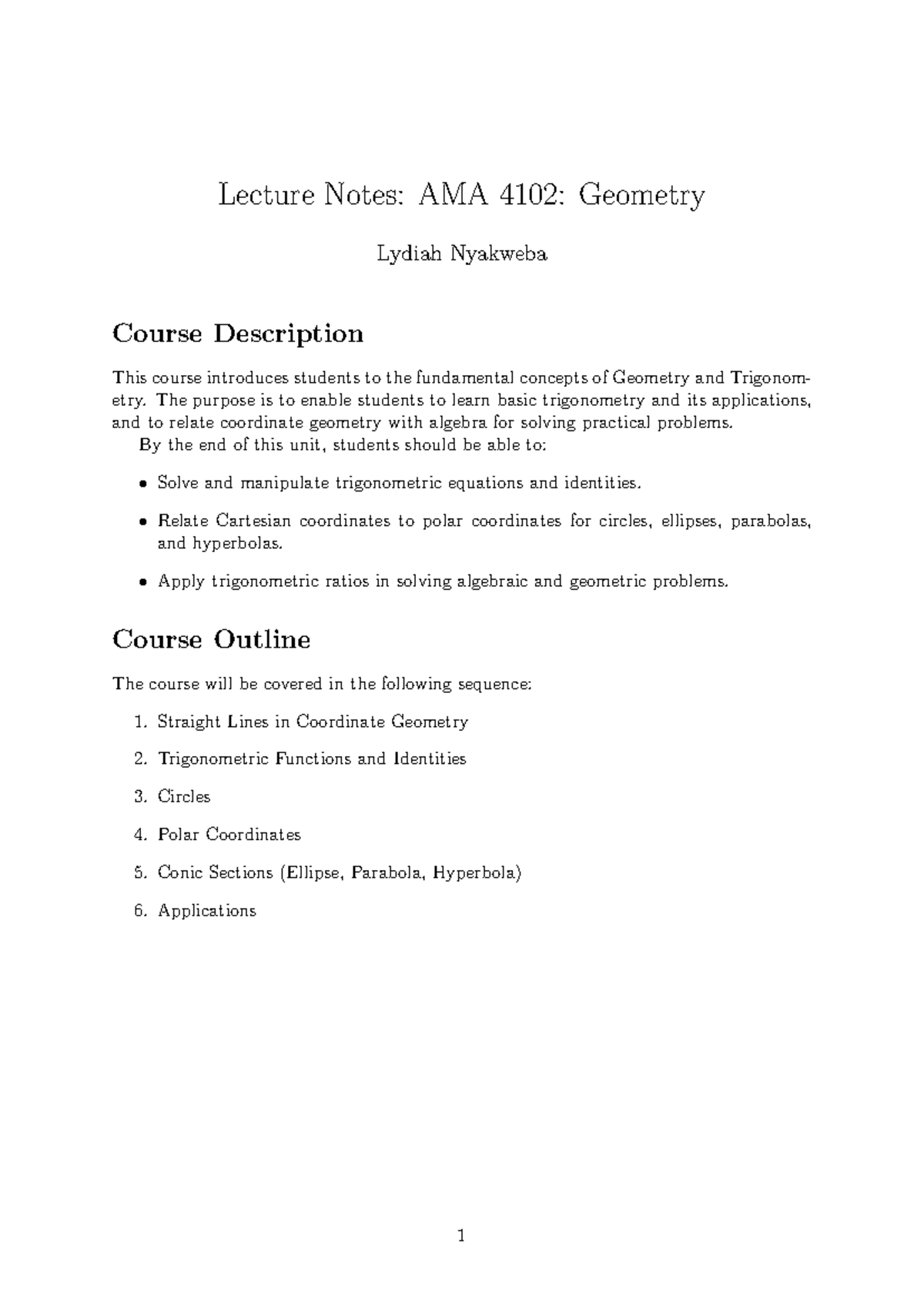 Geometry Lecture Notes: AMA 4102 by Lydiah Nyakweba - Studocu