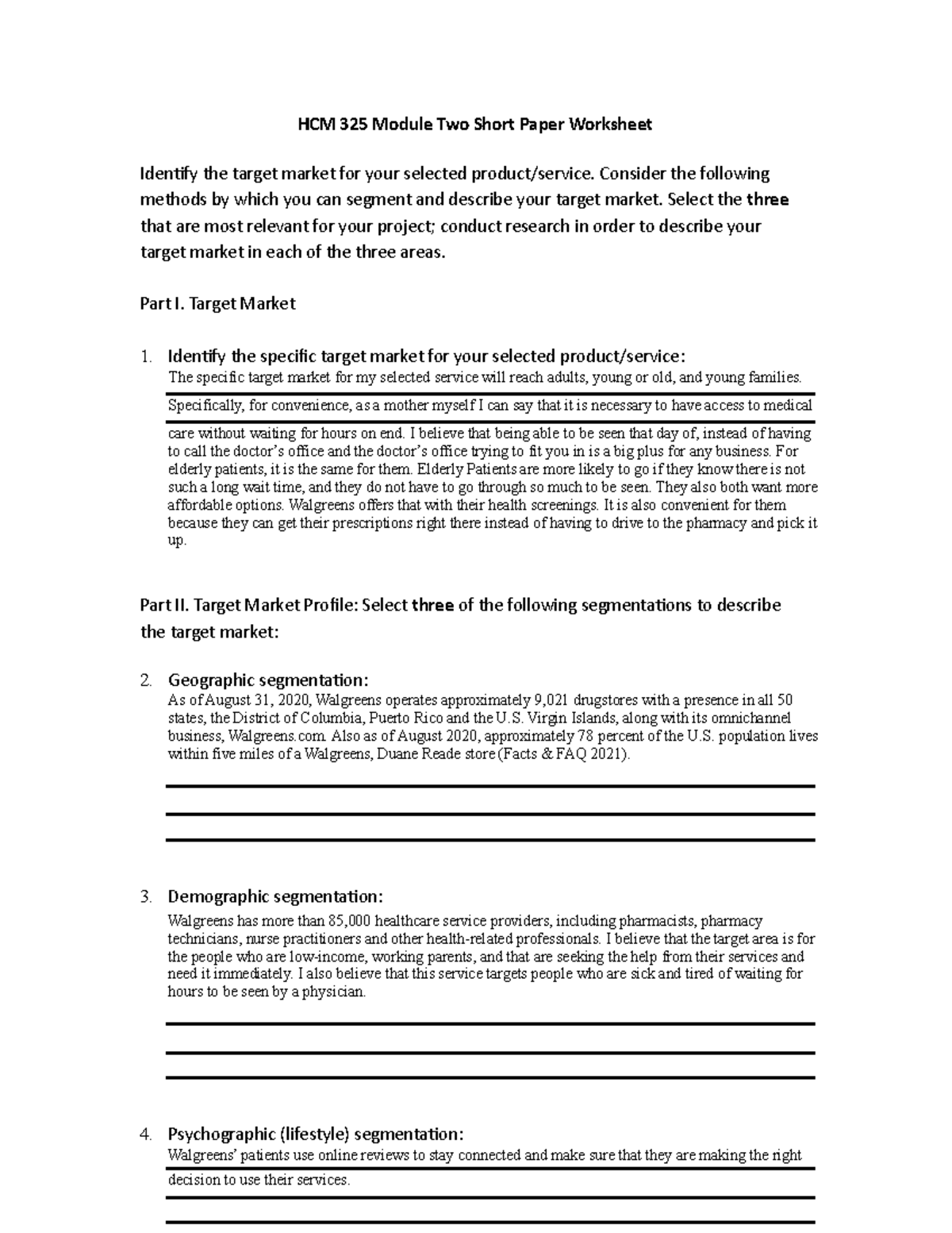 HCM 325 Module 2 Short Paper: Target Market Analysis Worksheet - Studocu