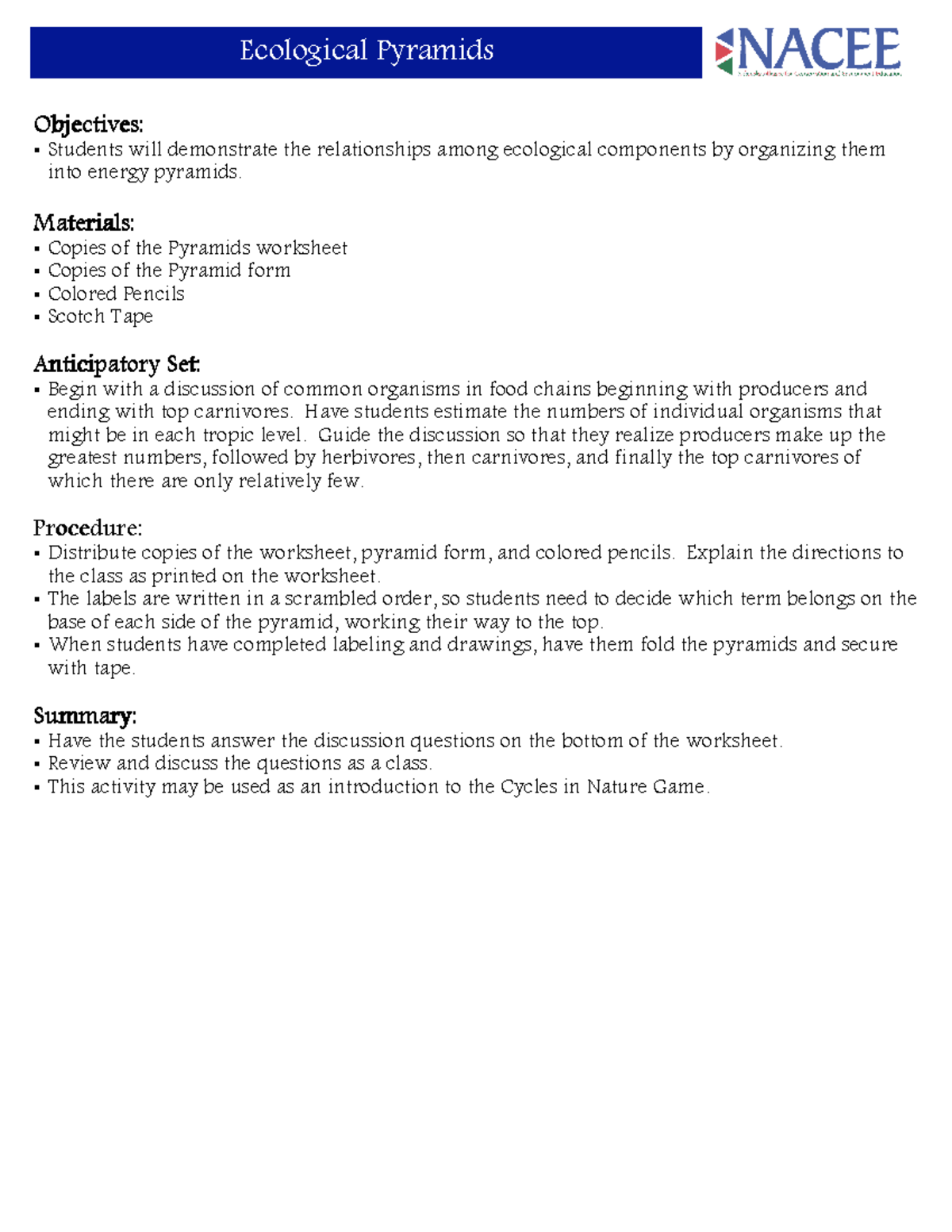 Ecological Pyramids Lesson Plan (NACEE) for Understanding Energy Flow ...