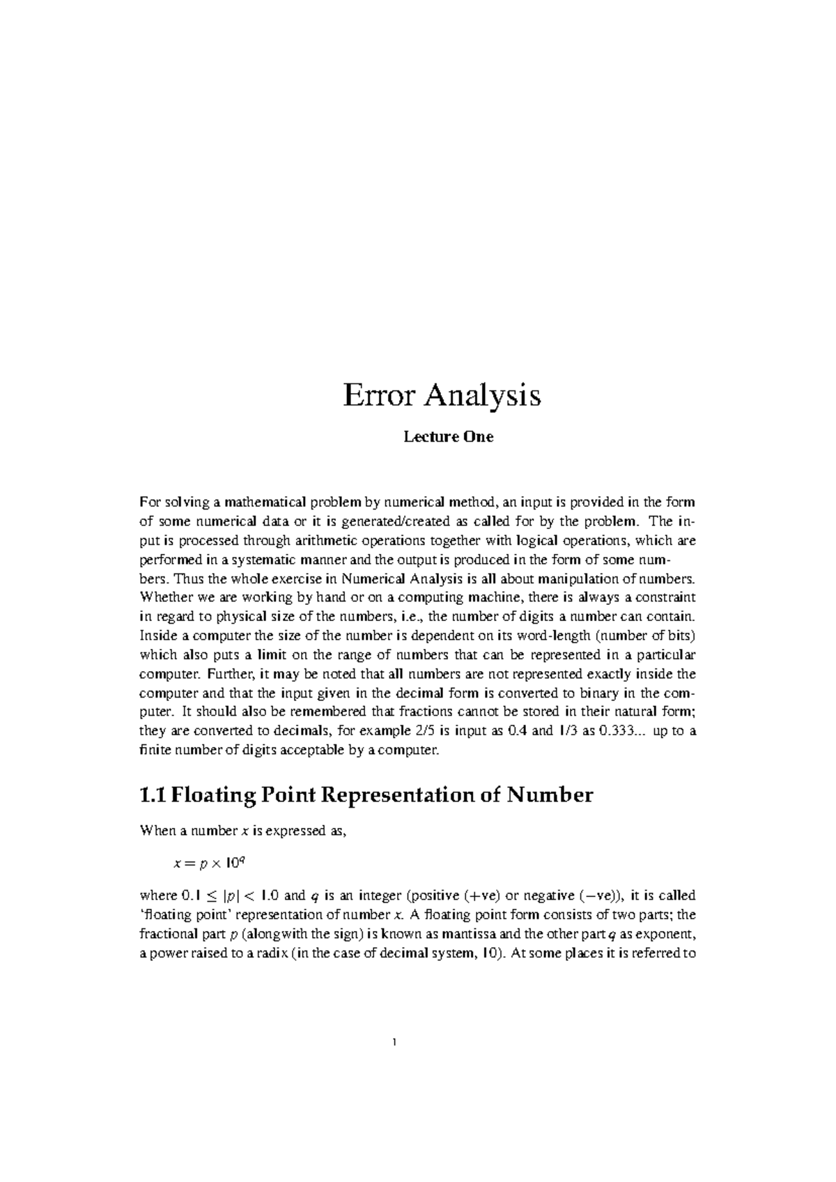 Error Analysis Lecture 1: Understanding Numerical Methods and ...